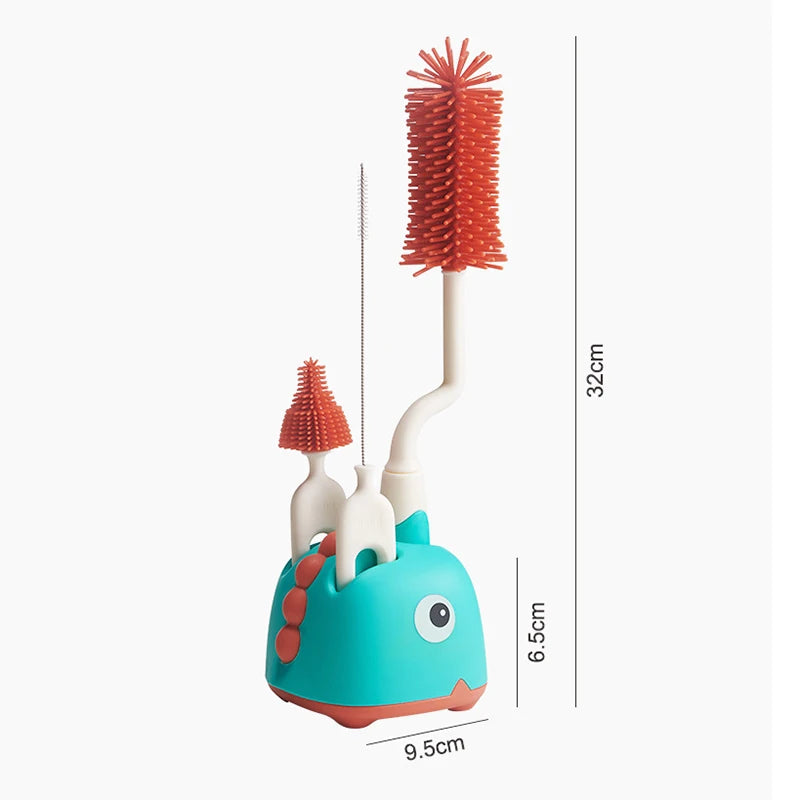 Kit Escova de Mamadeira em Silicone • Design Dino trazendo higiene e organização